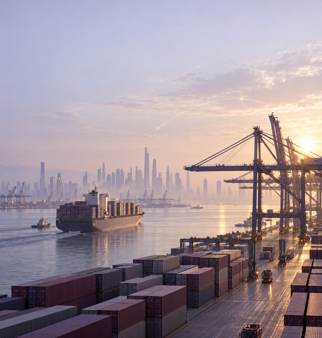 Ein Hafen mit Schifffahrtsrouten